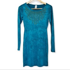 NEW Turquoise Studded Long Sleeve Bodycon Fitted Dress Size SMALL Stretch Party